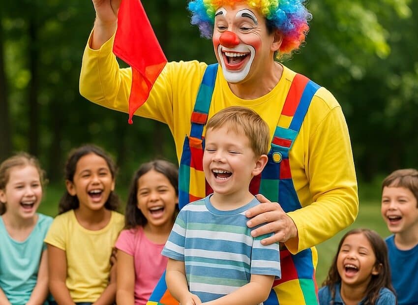 Clownzauberer zeigt Zaubertrick mit Seidentuch vor lachenden Kindern auf Kindergeburtstag