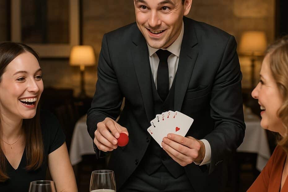 Tischzauberer begeistert Gäste bei einem eleganten Dinner mit Close-up Magie