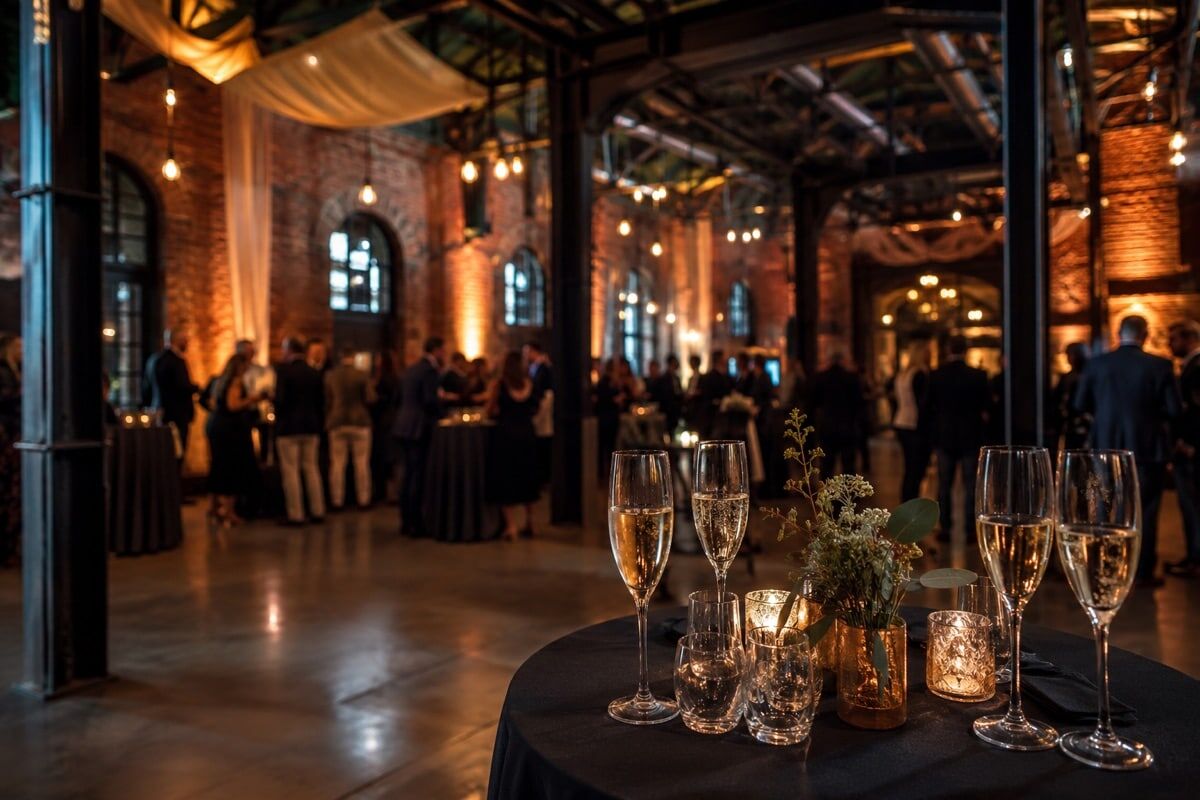 Firmenevent in einer Industriehalle mit warmem Licht und Stehtischen